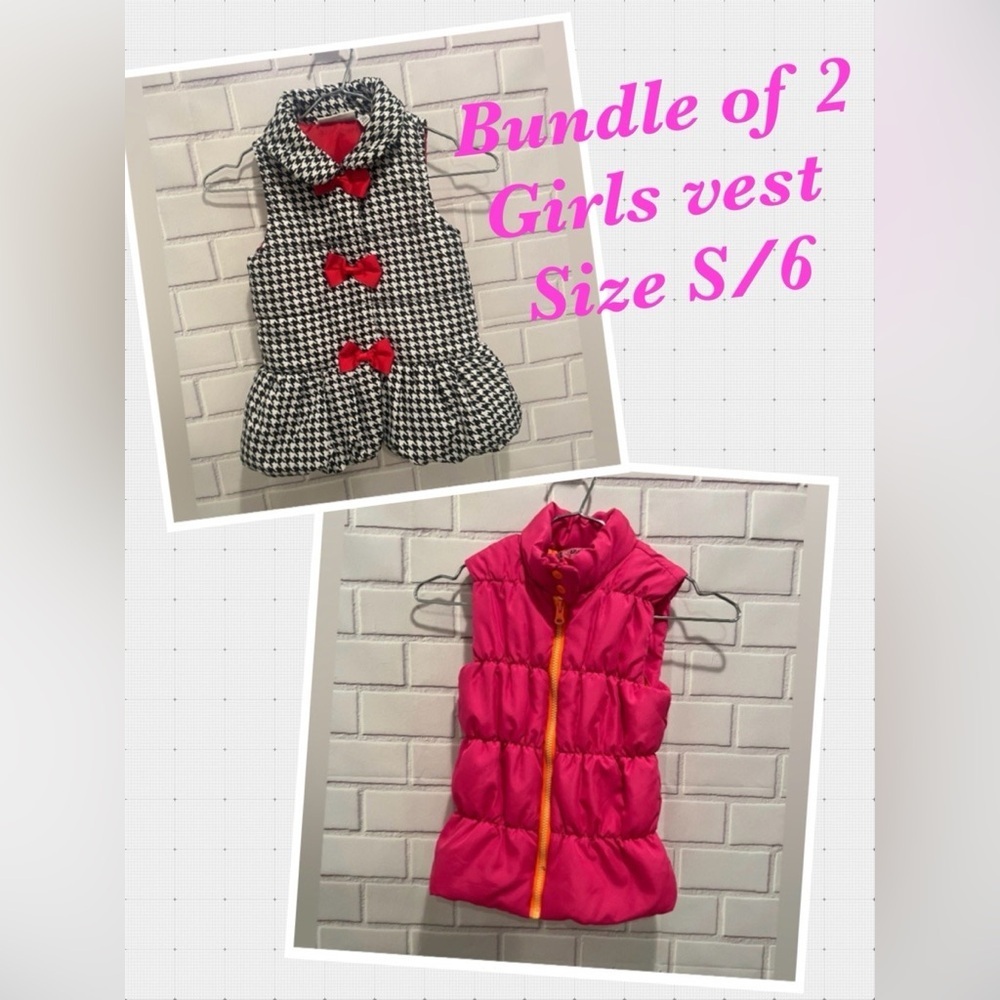 Bundle of 2 Girls Puffer Vests Size S/6 Pink & Houndstooth Cute Winter Set